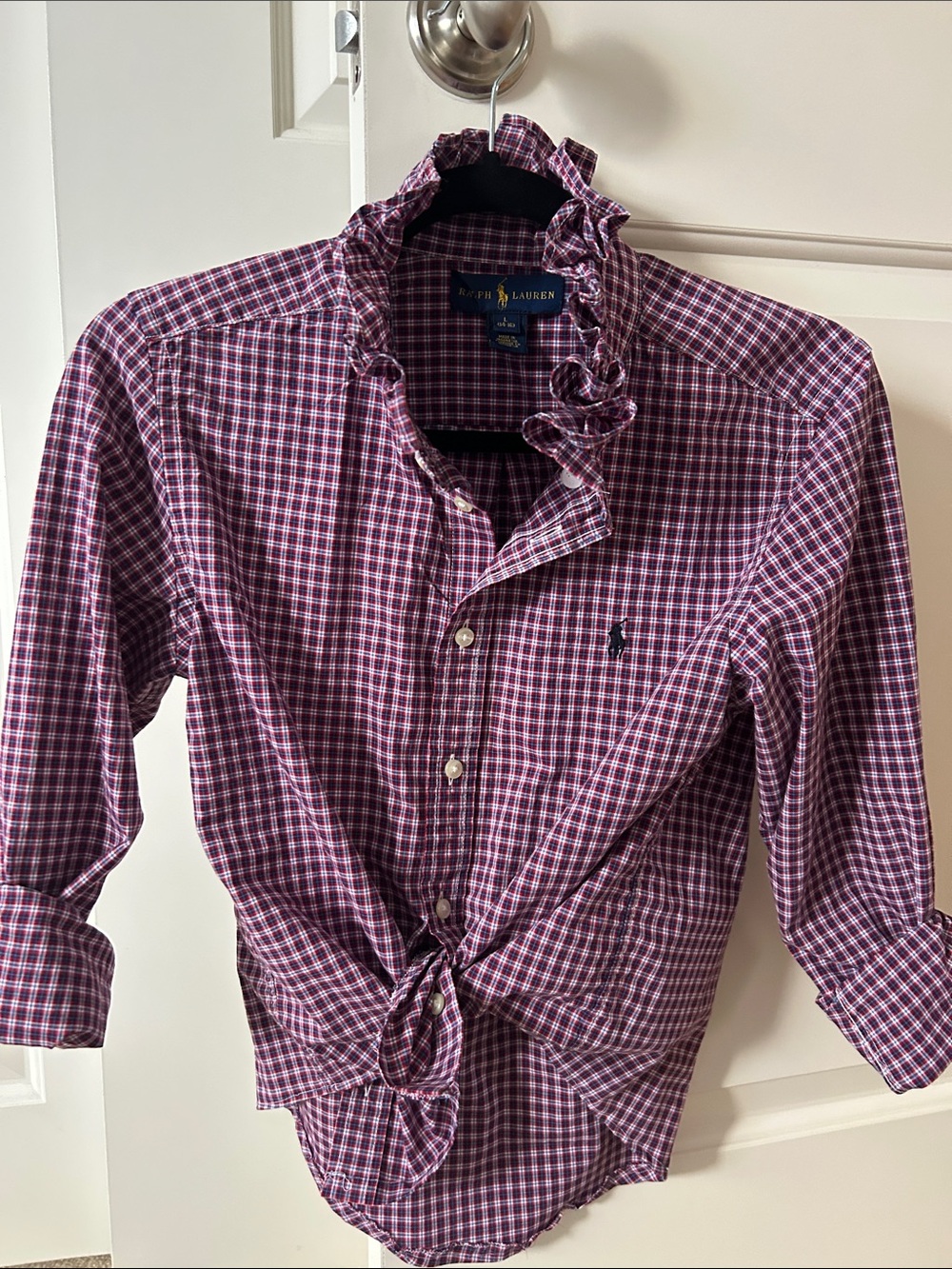 Ralph Lauren Red and Navy Plaid Shirt with ruffled collar